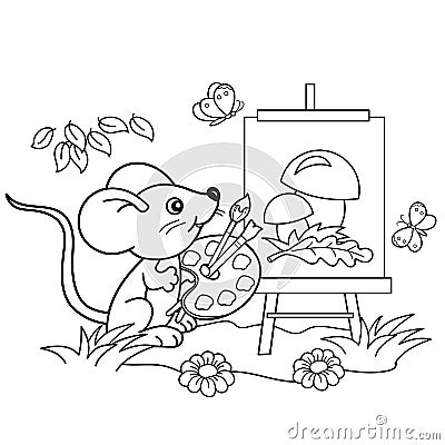 Coloring Page Outline Of cartoon little mouse with picture of mushrooms with brush and paints in the meadow with butterflies Vector Illustration