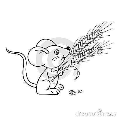 Coloring Page Outline Of cartoon little mouse with spikelets. Coloring book for kids Vector Illustration