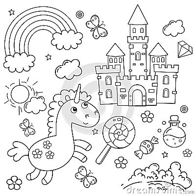 Coloring Page Outline Of cartoon lovely magic unicorn. Royal castle. Fairy tale hero or character. Coloring Book for kids Vector Illustration