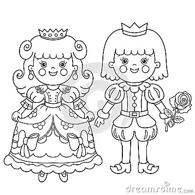 Coloring Page Outline Of cartoon lovely prince with beautiful princess. Royal wedding. Cinderella. Fairy tale hero or character. Vector Illustration