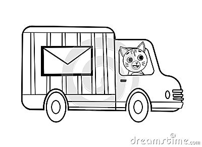 Coloring page outline of cartoon mail truck with animal. Vector image on white background. Coloring book of transport for kids Vector Illustration