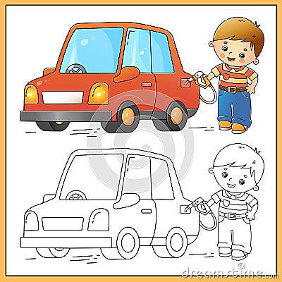 Coloring Page Outline Of cartoon passenger car or machine with driver. Images transport or vehicle for children. Coloring book for Vector Illustration