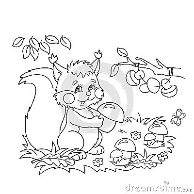 Coloring Page Outline Of cartoon squirrel with mushrooms in the meadow with butterflies. Coloring book for kids Vector Illustration
