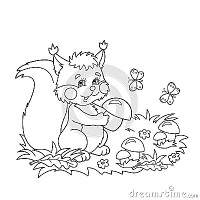 Coloring Page Outline Of cartoon squirrel with mushrooms in the meadow with butterflies. Coloring book for kids Vector Illustration