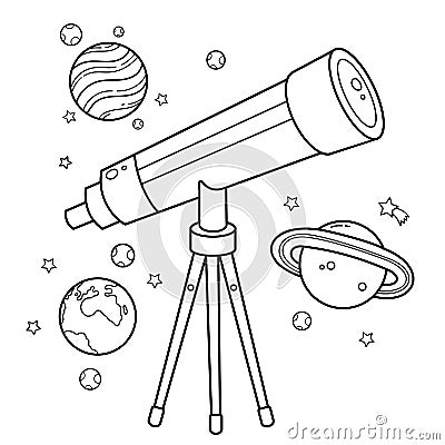 Coloring Page Outline Of a cartoon telescope with stars and planets. Space and astronomy. Coloring book for kids Vector Illustration