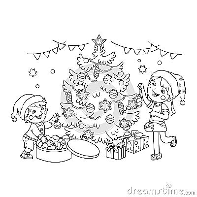 Coloring Page Outline Of children decorate the Christmas tree with ornaments and gifts. Christmas. New year. Vector Illustration