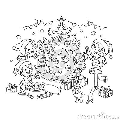 Coloring Page Outline Of children decorate the Christmas tree with ornaments and gifts. Christmas. New year. Vector Illustration