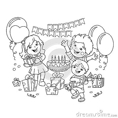 Coloring Page Outline Of children with a gifts at the holiday. Birthday. Coloring book for kids. Vector Illustration