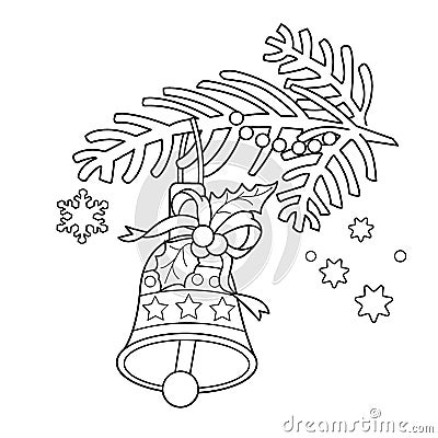 Coloring Page Outline Of Christmas bell. Christmas tree branch. Vector Illustration