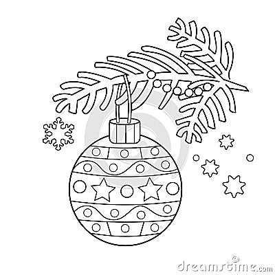 Coloring Page Outline Of Christmas decoration. Christmas tree branch. New year. Vector Illustration