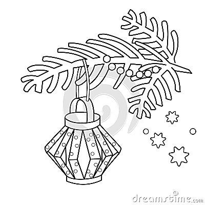 Coloring Page Outline Of Christmas decoration. Paper flashlight. Christmas tree branch. New year. Coloring book for kids Vector Illustration