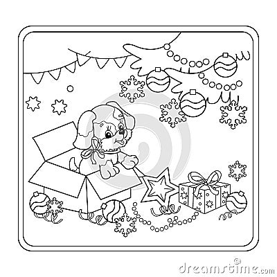 Coloring Page Outline Of Christmas tree with ornaments and gifts with puppy Vector Illustration
