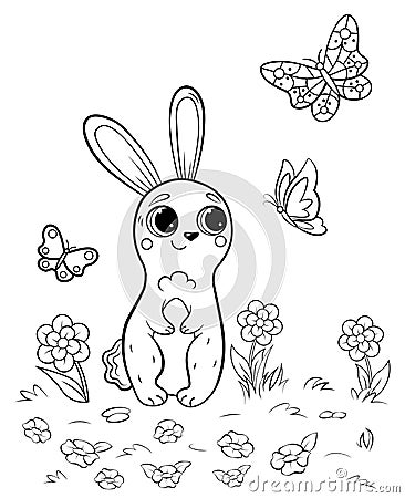 Coloring page outline of cute cartoon hare watching butterflies. Vector image with forest background. Vector Illustration