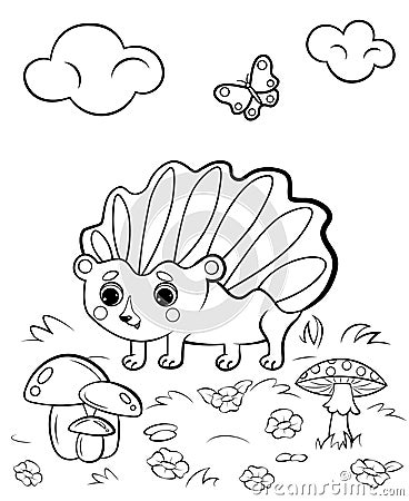 Coloring page outline of cute cartoon hedgehog with mushrooms. Vector image with nature background. Coloring book of forest wild Vector Illustration