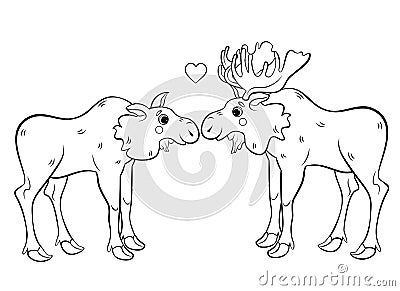 Coloring page outline of cute cartoon moose couple. Male and female mooses in love. Vector image isolated on white background. Vector Illustration