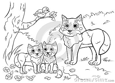 Coloring page outline of cute cartoon wolf family with little cubs. Vector image with forest background. Vector Illustration