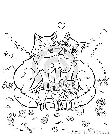 Coloring page outline of cute cartoon wolf family with little cubs. Vector image with forest background. Vector Illustration