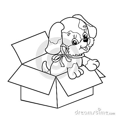 Coloring Page Outline Of cute puppy in box. Cartoon dog with bow Vector Illustration