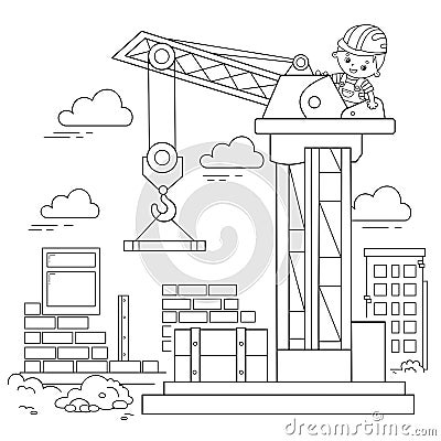 Coloring Page Outline Of elevating crane on build. Construction vehicles. Coloring book for kids Vector Illustration