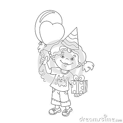 Coloring Page Outline Of girl with gift and balloons Vector Illustration