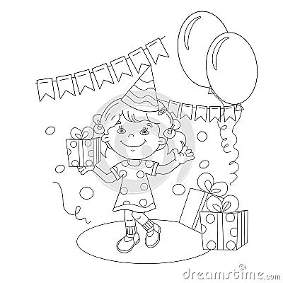 Coloring Page Outline Of girl with a gift at the holiday Vector Illustration