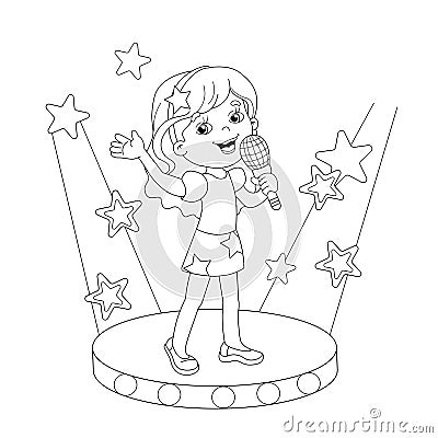 Coloring Page Outline Of girl singing a song on stage Vector Illustration