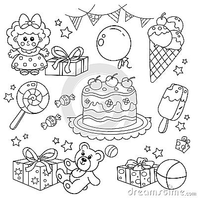 Coloring Page Outline Of holiday gifts with toys, with cake, candy and ice cream. Set for children Birthday. Coloring book for Vector Illustration