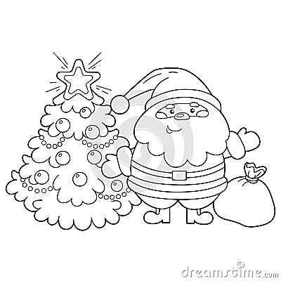 Coloring Page Outline Of Santa Claus with gifts bag and Christmas tree. New year. Christmas. Coloring book for kids Vector Illustration