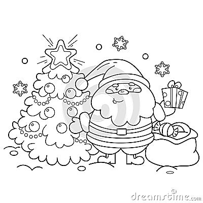 Coloring Page Outline Of Santa Claus with gifts bag and Christmas tree. New year. Christmas. Coloring book for kids Vector Illustration