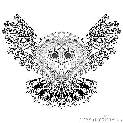 Coloring page with Owl, zentangle hand drawing illustration, tribal totem, mascot, doodle bird for adult Coloring books or tattoo Vector Illustration