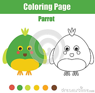 Coloring page with parrot. Educational children game, printable drawing kids activity Vector Illustration