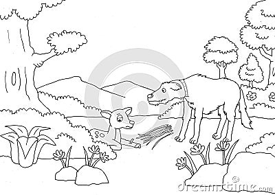 coloring page of a sad labrador dog seeing a fawn pricked by thorns Cartoon Illustration
