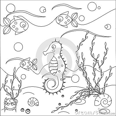 Coloring page with sea scene. Marine life theme. Educational game, drawing kids activity Vector Illustration