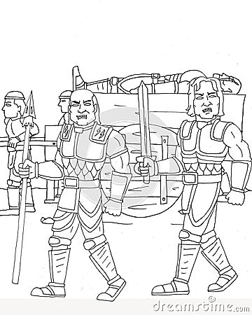 coloring page of several giant warriors carrying their dead king Stock Photo