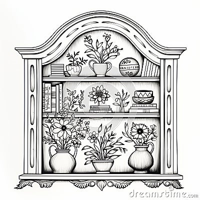 Vintage Cabinet With Plants: Exquisite Hand Drawn Illustration Stock Photo