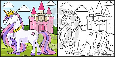 Unicorn Princess Coloring Page Colored Vector Illustration