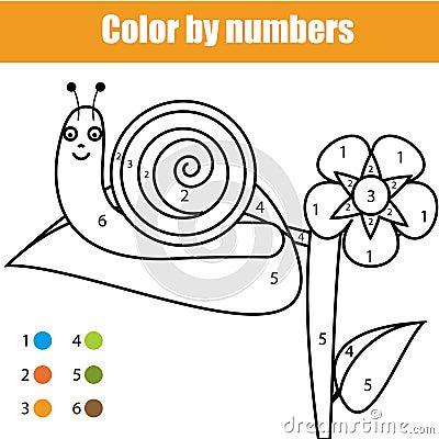 Coloring page with snail character. Color by numbers educational children game, drawing kids activity Vector Illustration