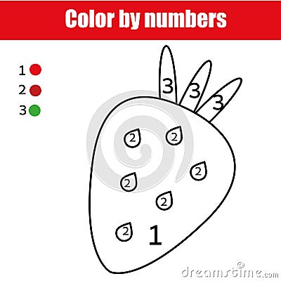 Coloring page with strawberry. Color by numbers educational children game, drawing kids activity Vector Illustration