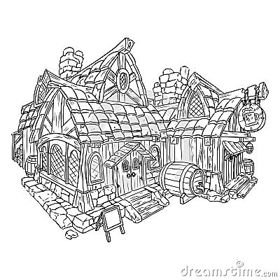 Coloring page tavern cartoon image. Comic style hut for rpg adventures. Black outline lineart vector illustration Vector Illustration