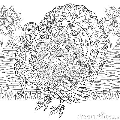 Turkey farm bird and sunflowers Vector Illustration