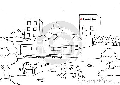 coloring page illustration two cows eat grass while the train passes Stock Photo