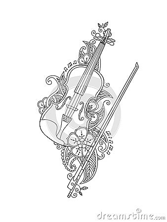 Coloring page - violin and bow with flowers , leafs in floral mehendi doodle style Vector Illustration