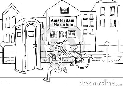 coloring page illustration a woman running on amsterdam marathon event Stock Photo