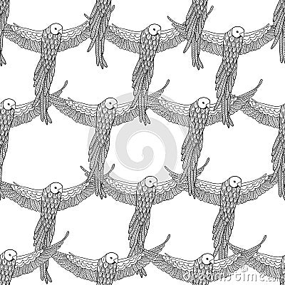 Coloring pages for adults book. Seamless pattern flying parrot. Doodles and zentangle stule. Vector Illustration