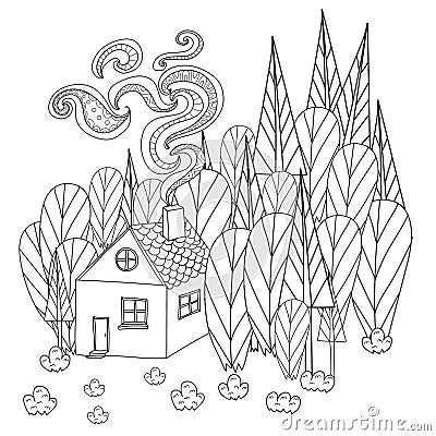Coloring pages for adults and children book. Cartoon house in the forest. Vector Illustration