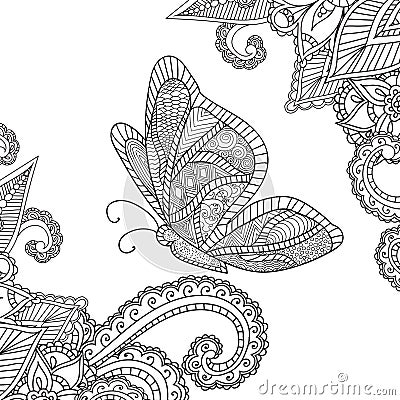 Coloring pages for adults.Henna Mehndi Doodles Abstract Floral Elements with a butterfly. Vector Illustration