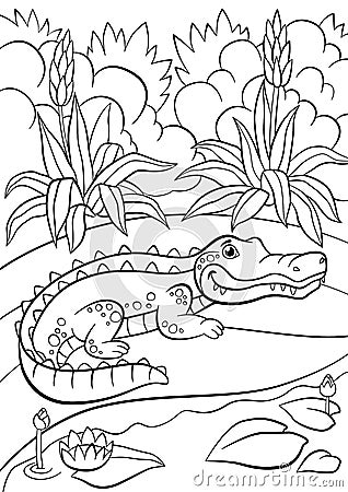 Coloring pages. Animals. Little cute alligator Vector Illustration