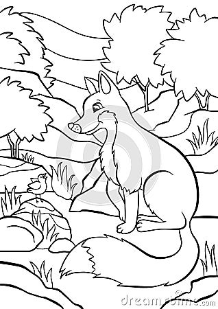 Coloring pages. Animals. Little cute fox. Vector Illustration