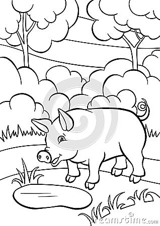 Coloring pages. Animals. Little cute pig. Vector Illustration