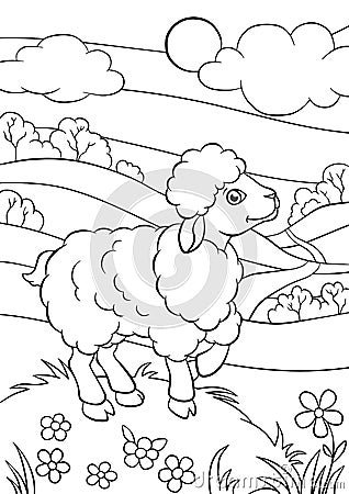 Coloring pages. Animals. Little cute sheep. Vector Illustration
